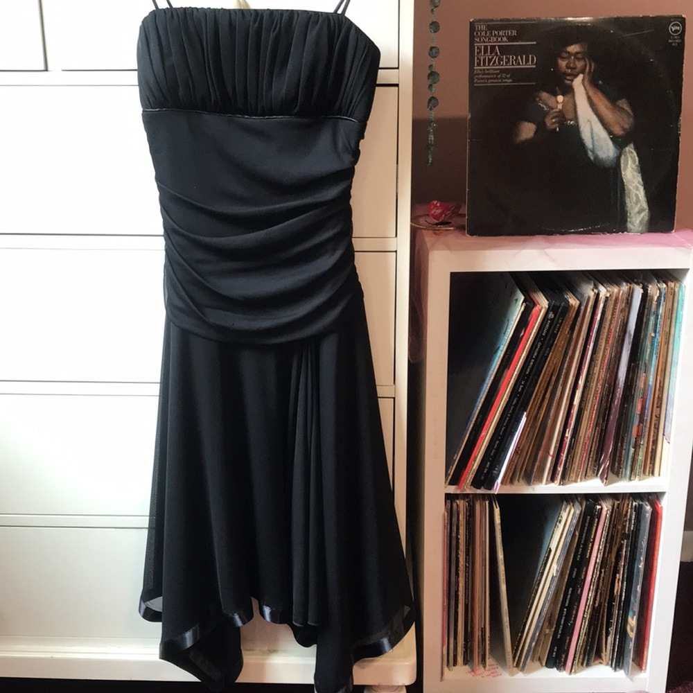Vintage Y2k LBD Bias Asymmetrical Slip Dress Black Medium Small Stretch Hot Cute